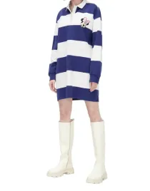 kremowo-granatowa-bawelniana-sukienka-dlugi-rekaw-oversize-paski-haft-xs