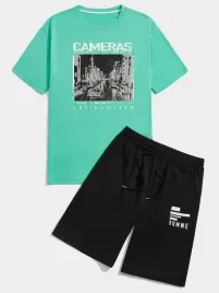 komplet-zielony-t-shirt-czarne-krotkie-spodenki-nadruk-napisy-romwe-s