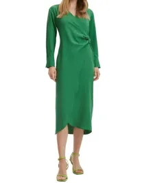 zielona-prosta-klasyczna-sukienka-midi-dlugi-rekaw-kopertowy-dekolt