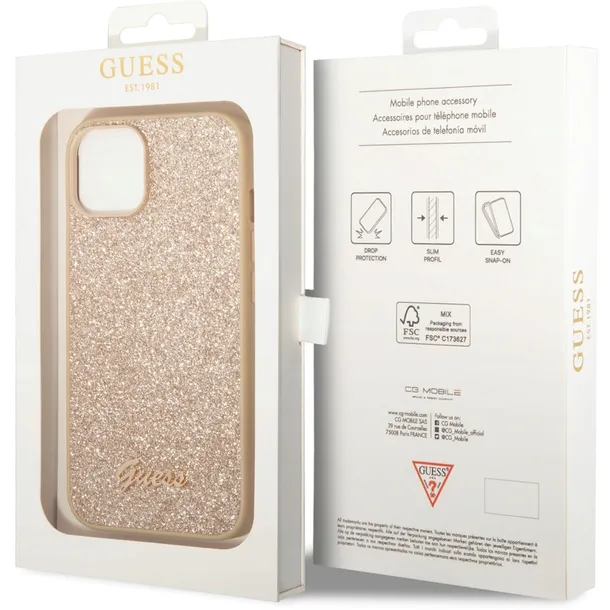 guess-glitter-flakes-metal-logo-case-etui-iphone-14-plus-zloty-rozszerzenie-podstawka