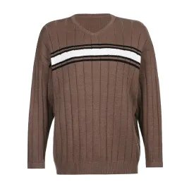 luzny-damski-brazowy-sweter-dzianinowy-z-dekoltem-v