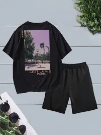 czarny-komplet-t-shirt-krotki-rekaw-spodenki-przed-kolano-nadruk-shein-s