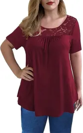 top-t-shirt-bordowy-damski-krotki-rekaw-luzny-z-koronka-rozmiar-xl