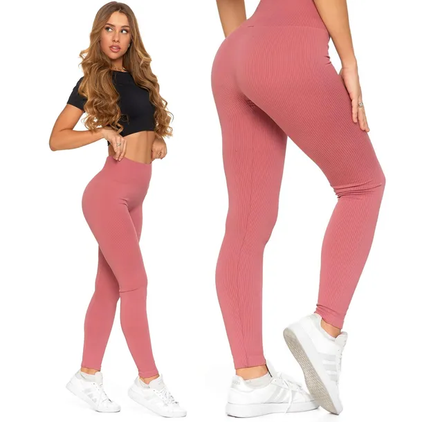 Legginsy Prążkowane Damskie z Wysokim Stanem Modne Getry Różowe MORAJ L/XL