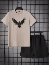 komplet-t-shirt-bezowy-z-nadrukiem-spodenki-czarne-shein-s