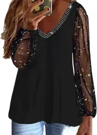 bluzka-damska-czarna-dekolt-ozdobny-v-rekawy-siateczkowe-blyszczace-l