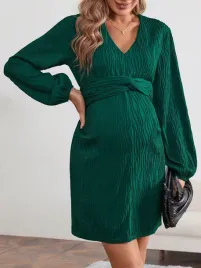 shein-sukienka-ciazowa-przed-kolano-dlugi-rekaw-zielony-rozmiar-44