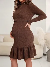 shein-sukienka-ciazowa-przed-kolano-dlugi-rekaw-brazowy-rozmiar-44