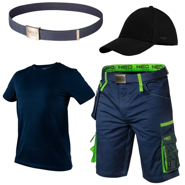 NEO Krótkie Spodenki Robocze Męskie + T-Shirt + Czapka, Pasek Komplet Roz M