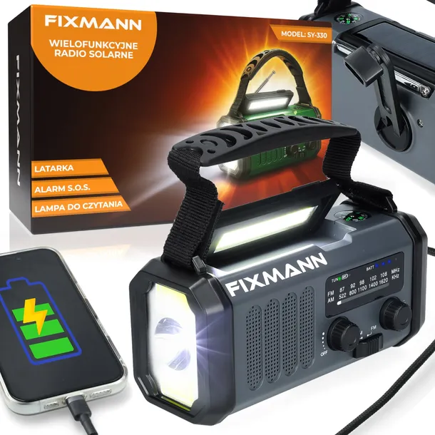 Przenośne Radio Solarne Na Korbkę Awaryjne Lampka Alarm Sos 10000Mah Czarne