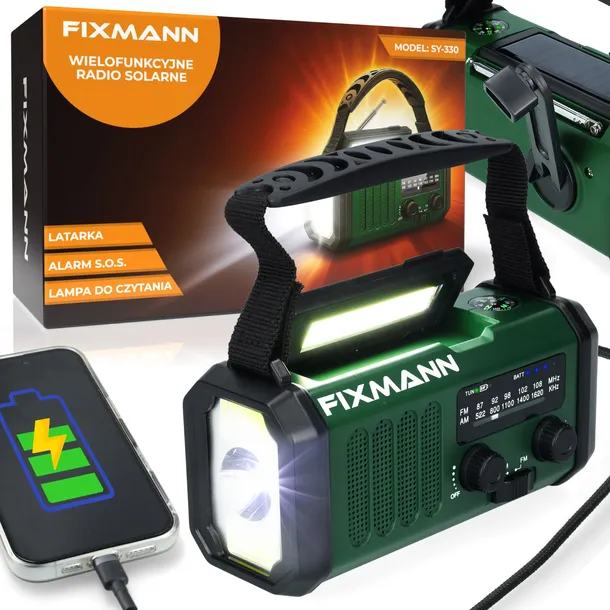 Przenośne Radio Solarne Na Korbkę Awaryjne Lampka Alarm10000Mah Zielone