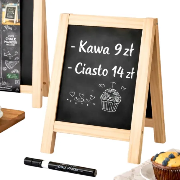 Stojąca tabliczka Dwustronna czarna tablica kredowa z markerem24 x 28,5 cm