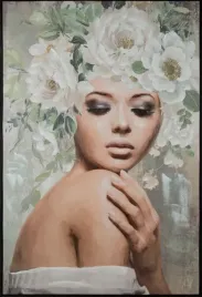 obraz-recznie-malowany-kobieta-kwiaty-80x120-popielaty-bezowy