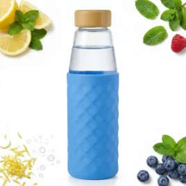 szklana-butelka-bidon-na-wode-sok-500-ml-niebieski-silikon-bambus-eko