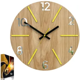zegar-scienny-drewniany-debowy-akrylowy-aksel-wood-yellow-mirror-okragly