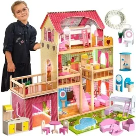 drewniany-domek-dla-lalek-z-garazem-kinderplay-swiatlo-led-ogrod-mebelki