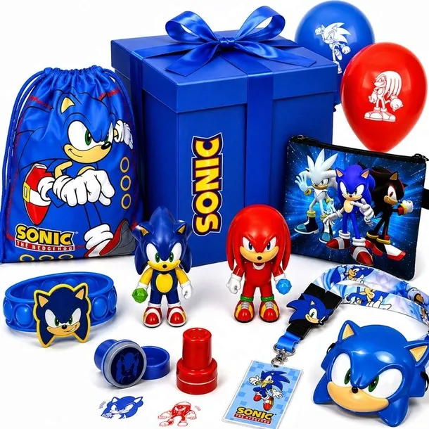 DUŻY ZESTAW PREZENTOWY SONIC XXL 24 ELEMENTY KLOCKI KARTY PLECAK MASKA