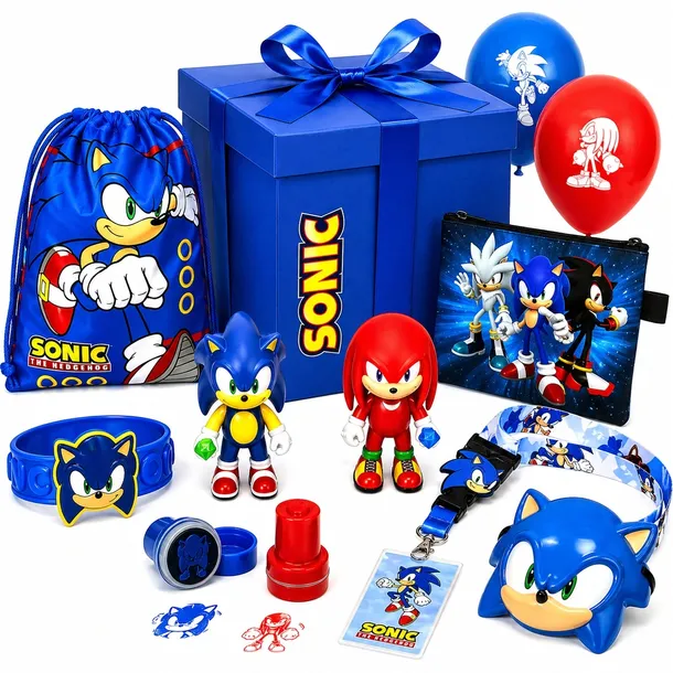 DUŻY ZESTAW PREZENTOWY SONIC XXL 24 ELEMENTY KLOCKI KARTY PLECAK MASKA