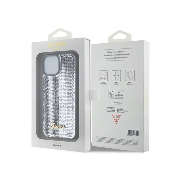 guess-sequin-script-metal-etui-iphone-15-srebrny-zalaczone-wyposazenie-szklo-hartowane