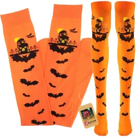 zakolanowki-ponczochy-damskie-halloween-nietoperze-pomaranczowe-print