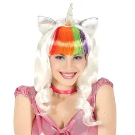peruka-syntetyczna-biale-wlosy-z-teczowa-grzywka-jednorozec-rog-uszy