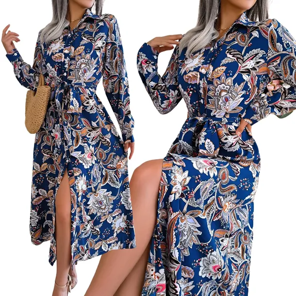 SUKIENKA DŁUGA MAXI ELEGANCKA KWIATY WZÓR KOSZULOWA SUKNIA KLASYCZNA 38 M