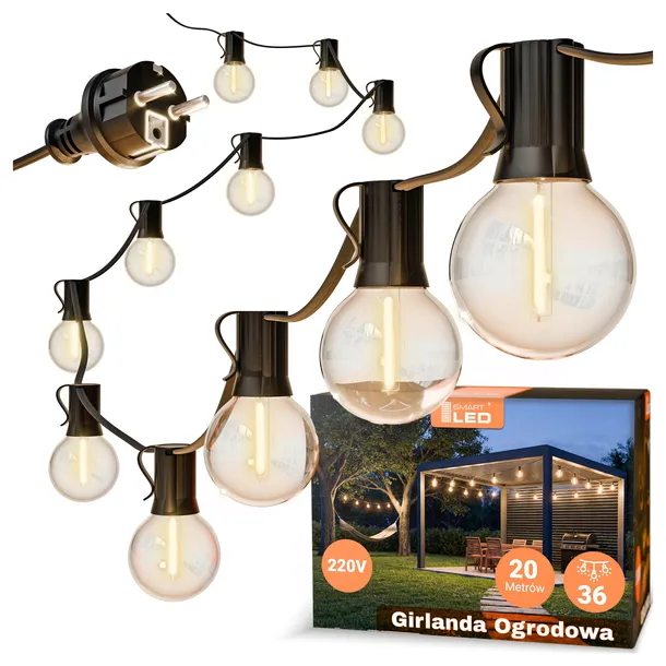 Girlanda Ogrodowa Świetlna 20M 36X Żarówka LED 1W Łańcuch + gratis 2X E12