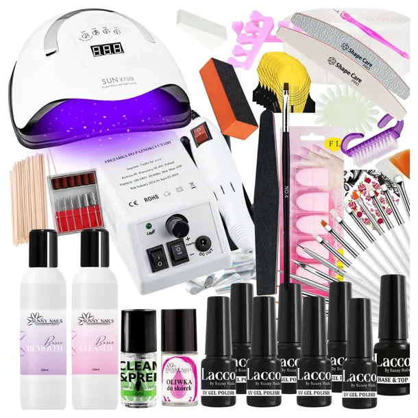 ZESTAW DO HYBRYD PAZNOKCI MANICURE HYBRYDOWEGO LAMPA + FREZARKA + AKCESORIA