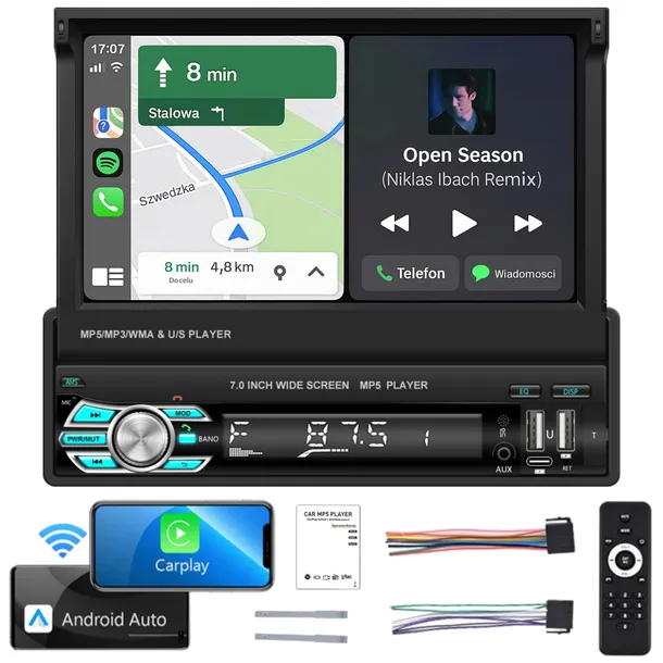 RADIO SAMOCHODOWE 1 DIN 7” WYSUWANY EKRAN ANDROID AUTO BT AUX CARPLAY USB
