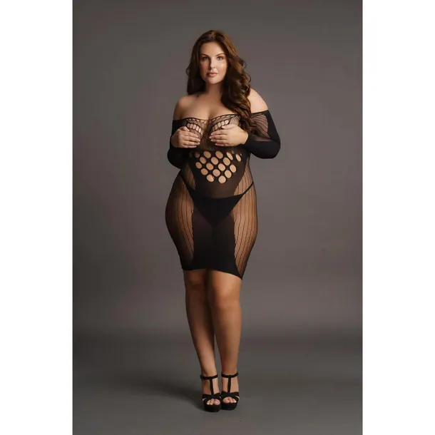 contrast-net-long-sleeved-mini-dress-plus-size
