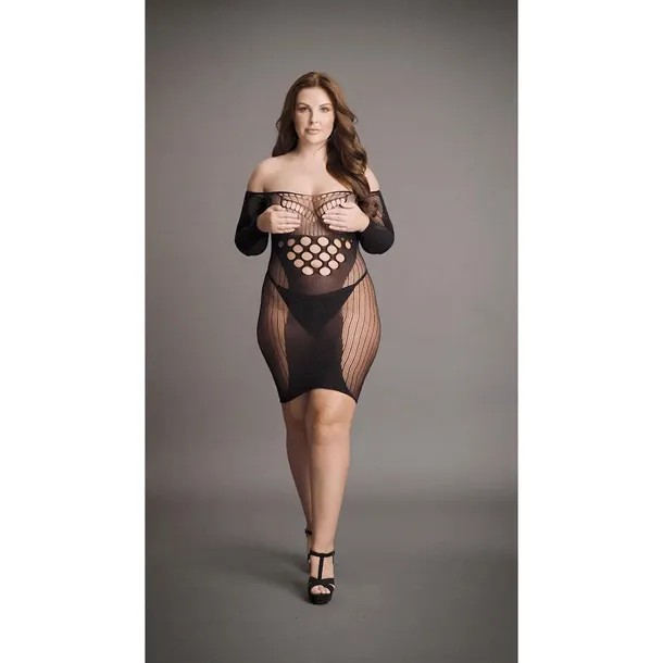 contrast-net-long-sleeved-mini-dress-plus-size